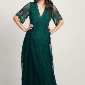 Maternity Forest Green Lace Mesh Overlay Maxi Dres